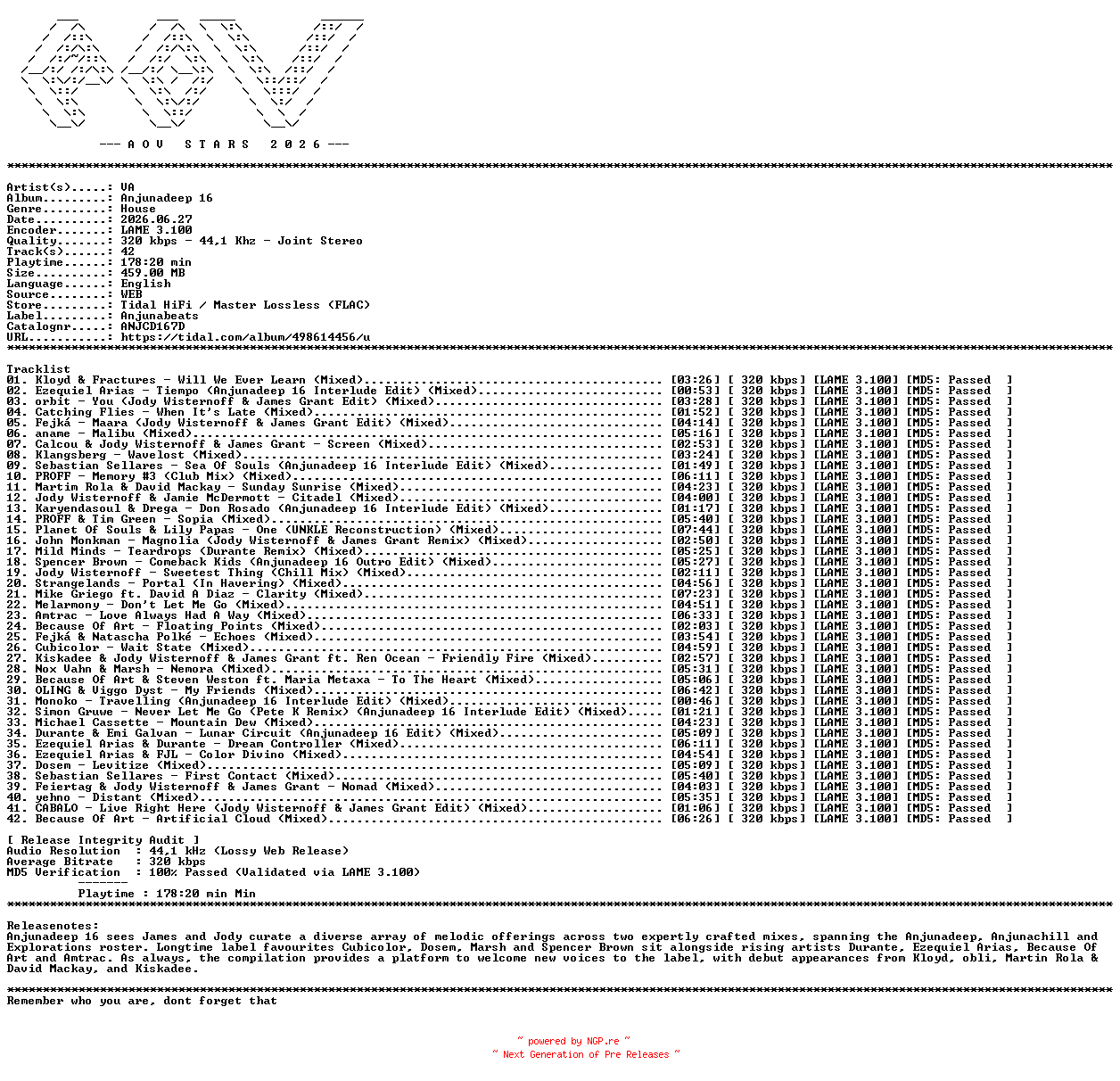 NFO for the release VA-Anjunadeep_16-(ANJCD167D)-WEB-2026-AOV by AOV
