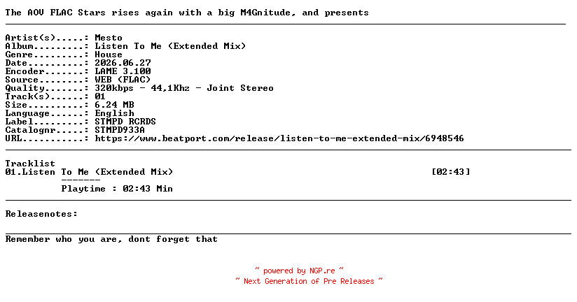 NFO for the release Mesto-Listen_To_Me_(Extended_Mix)-(STMPD933A)-SINGLE-WEB-2026-AOV by AOV