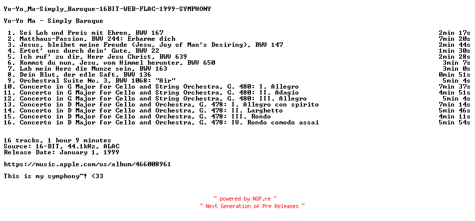 NFO for the release Yo-Yo_Ma-Simply_Baroque-16BIT-WEB-FLAC-1999-SYMPHONY by SYMPHONY
