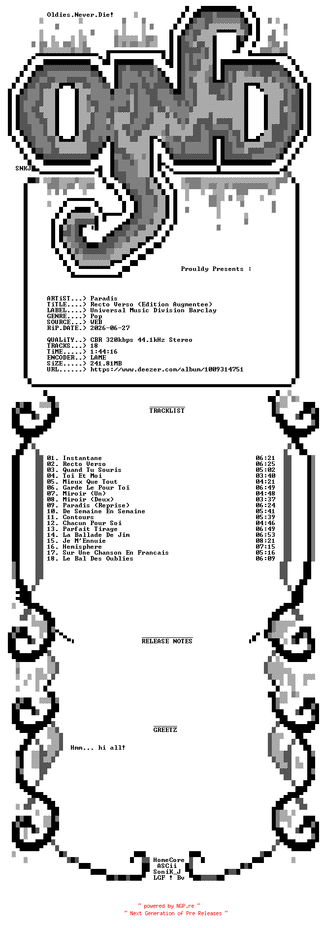 NFO for the release Paradis-Recto_Verso-(Edition_Augmentee)-WEB-FR-2026-OND by OND
