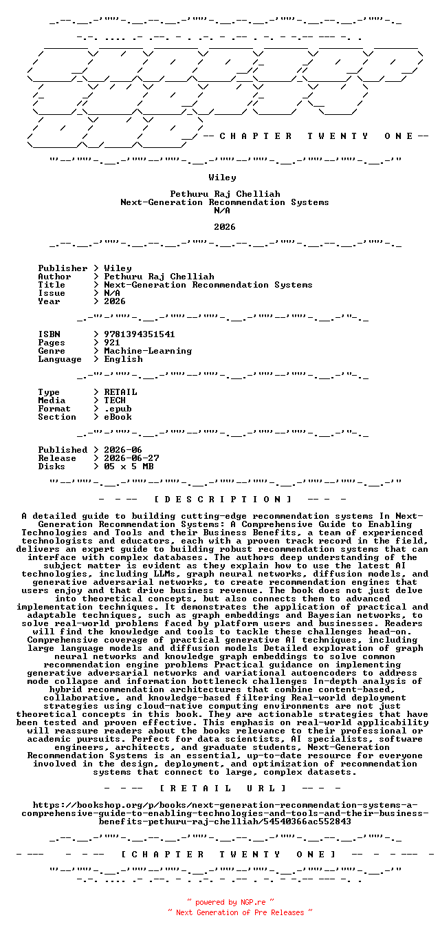 NFO for the release Wiley.-.Next-Generation.Recommendation.Systems.2026.RETAIL.EPUB.eBook-CTO by CTO