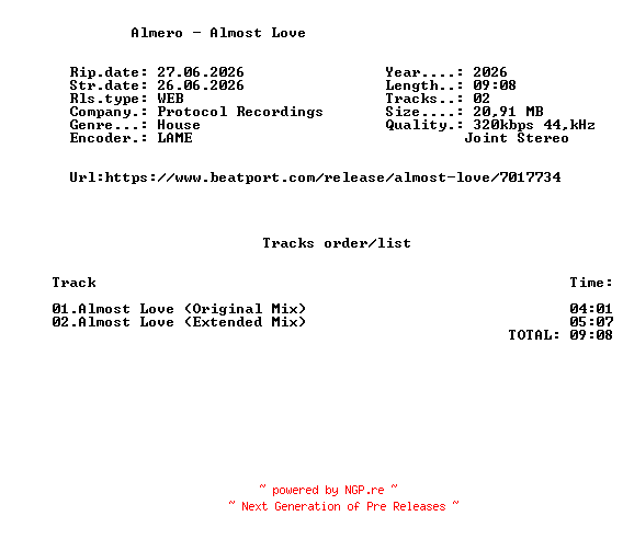 NFO for the release Almero_-_Almost_Love-(PR505)-WEB-2026-FMC by FMC