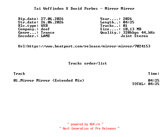 NFO for the release Tai_Woffinden_X_David_Forbes_-_Mirror_Mirror-(DOOF063)-SINGLE-WEB-2026-FMC by FMC