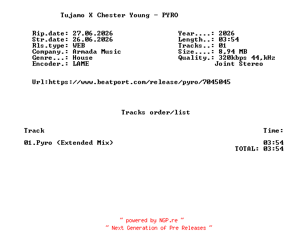 NFO for the release Tujamo_X_Chester_Young_-_PYRO-(ARMAS3760)-SINGLE-WEB-2026-FMC by FMC