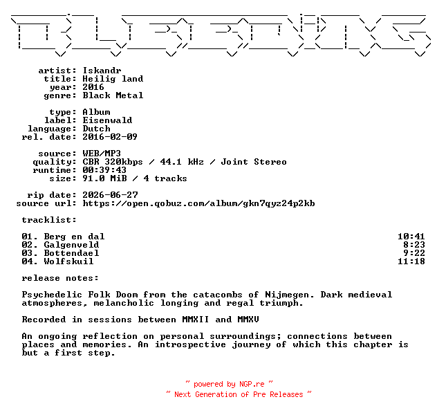 NFO for the release Iskandr-Heilig_land-NL-WEB-2016-BLEEDiNG by BLEEDiNG