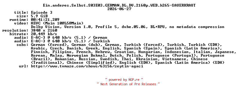 NFO for the release Ein.anderes.Selbst.S03E03.GERMAN.DL.DV.2160p.WEB.h265-SAUERKRAUT by SAUERKRAUT