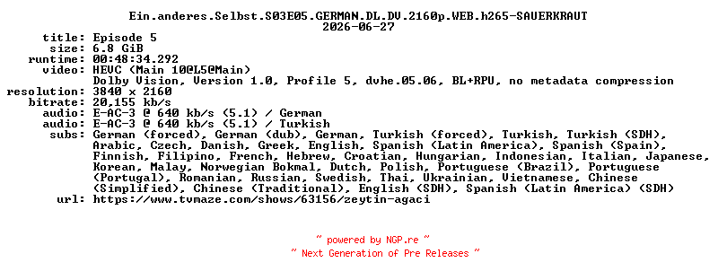 NFO for the release Ein.anderes.Selbst.S03E05.GERMAN.DL.DV.2160p.WEB.h265-SAUERKRAUT by SAUERKRAUT