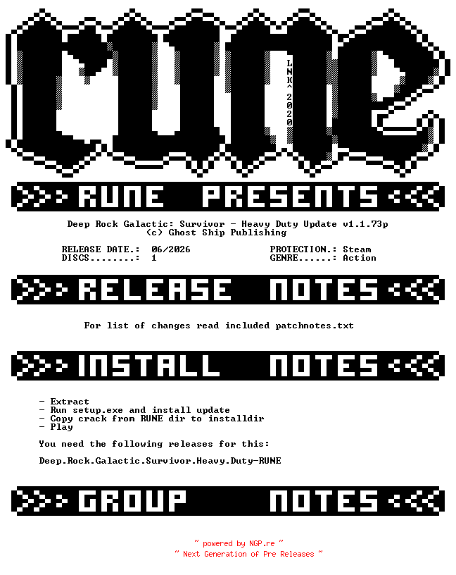 NFO for the release Deep.Rock.Galactic.Survivor.Heavy.Duty.Update.v1.1.73p-RUNE by RUNE