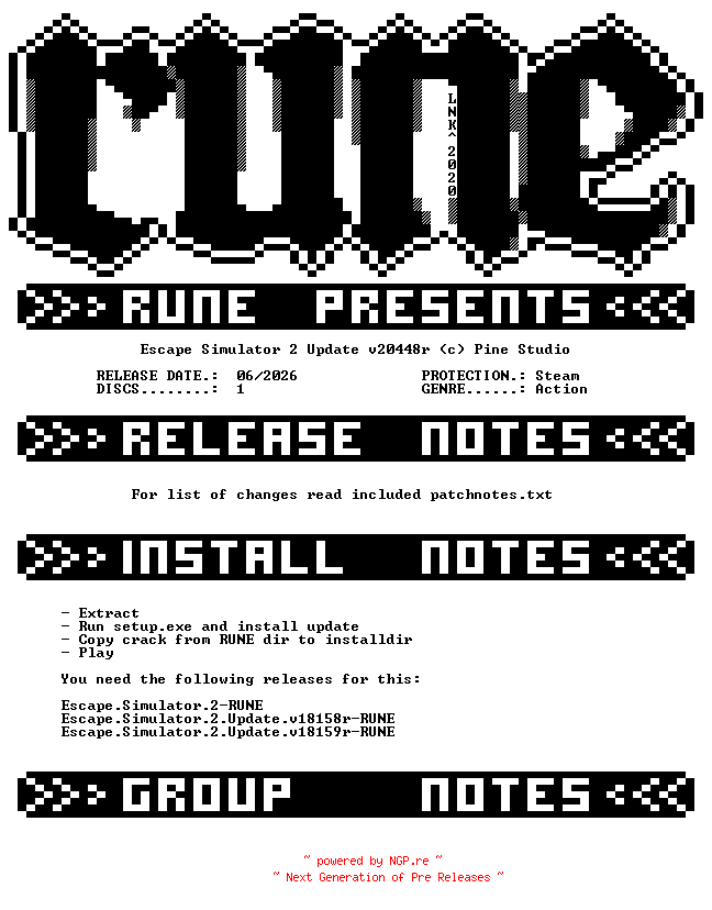 NFO for the release Escape.Simulator.2.Update.v20448r-RUNE by RUNE