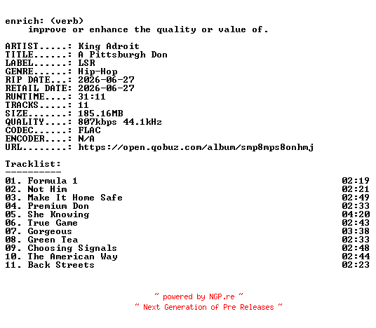 NFO for the release King_Adroit-A_Pittsburgh_Don-16BIT-WEB-FLAC-2026-ENRiCH by ENRiCH