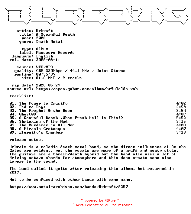 NFO for the release Urkraft-A_Scornful_Death-WEB-2008-BLEEDiNG by BLEEDiNG