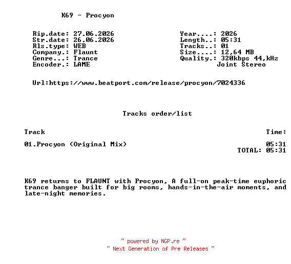NFO for the release K69_-_Procyon-(FLA125)-SINGLE-WEB-2026-FMC by FMC