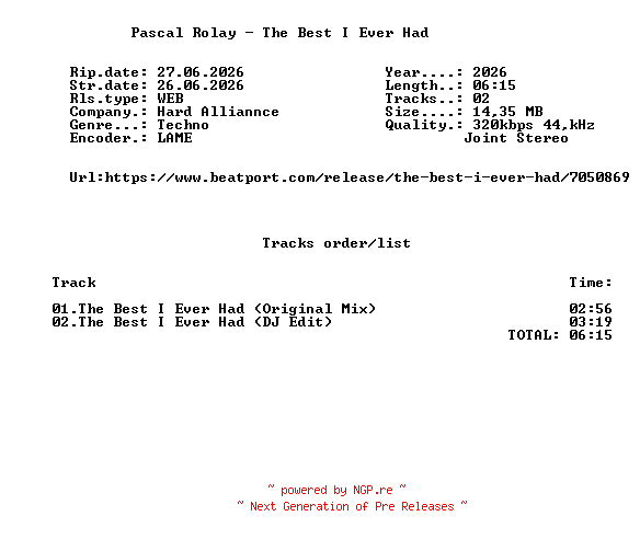 NFO for the release Pascal_Rolay_-_The_Best_I_Ever_Had-(HA029)-WEB-2026-FMC by FMC