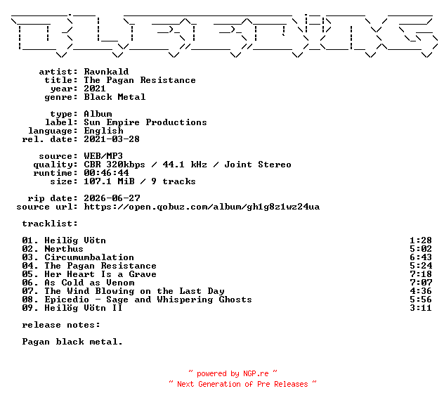 NFO for the release Ravnkald-The_Pagan_Resistance-WEB-2021-BLEEDiNG by BLEEDiNG