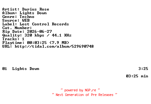 NFO for the release Darius_Rose-Lights_Down-SINGLE-WEB-2026-ZLS by ZLS