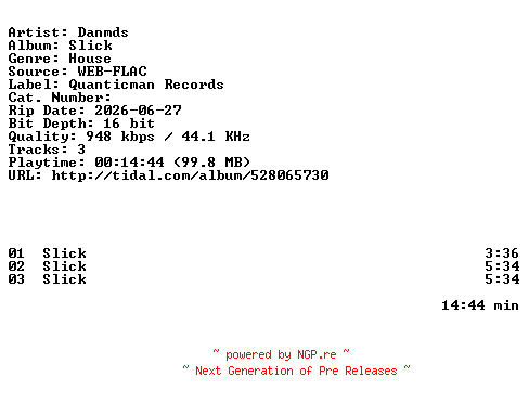 NFO for the release Danmds-Slick-EP-16BIT-WEB-FLAC-2026-HFC by HFC