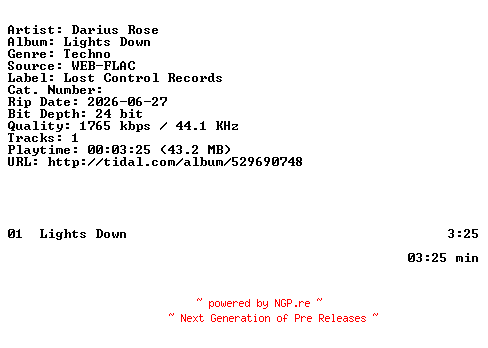 NFO for the release Darius_Rose-Lights_Down-SINGLE-24BIT-WEB-FLAC-2026-HFC by HFC