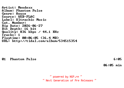 NFO for the release Mendexx-Phantom_Pulse-SINGLE-16BIT-WEB-FLAC-2026-HFC by HFC