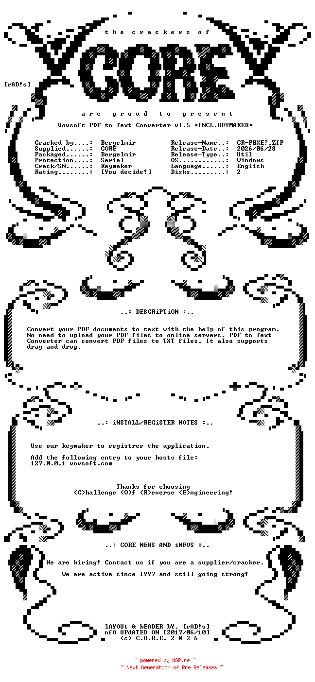 NFO for the release Vovsoft.PDF.to.Text.Converter.v1.5.Incl.Keymaker-CORE by CORE