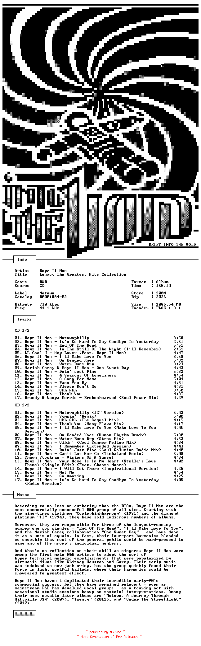 NFO for the release Boyz_II_Men-Legacy_The_Greatest_Hits_Collection-Deluxe_Edition-2CD-FLAC-2004-THEVOiD by THEVOiD