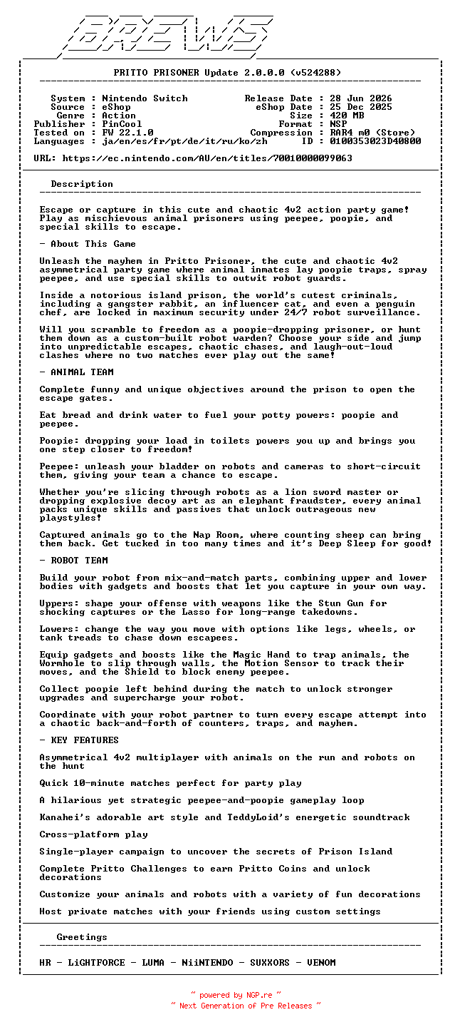 NFO for the release PRITTO_PRISONER_Update_v2.0.0.0_NSW-BREWS by BREWS