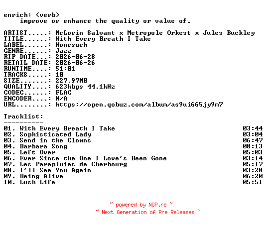 NFO for the release McLorin_Salvant_x_Metropole_Orkest_x_Jules_Buckley-With_Every_Breath_I_Take-16BIT-WEB-FLAC-2026-ENRiCH by ENRiCH