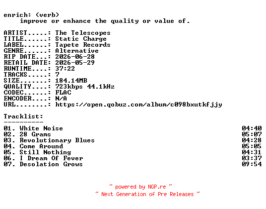 NFO for the release The_Telescopes-Static_Charge-16BIT-WEB-FLAC-2026-ENRiCH by ENRiCH