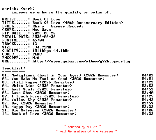 NFO for the release Book_Of_Love-Book_Of_Love_(40th_Anniversary_Edition)-REMASTERED-16BIT-WEB-FLAC-2026-ENRiCH by ENRiCH
