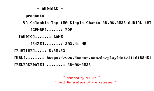 NFO for the release VA-Colombia_Top_100_Single_Charts_28.06.2026-AUDiAL_iNT by AUDiAL_iNT