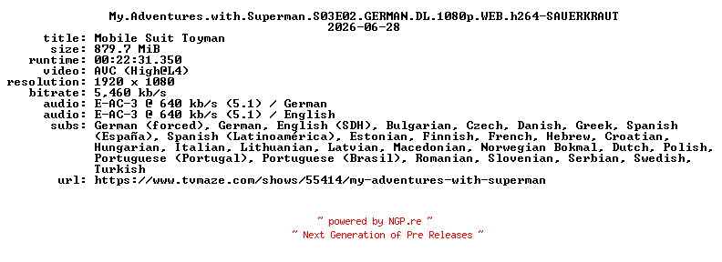 NFO for the release My.Adventures.with.Superman.S03E02.GERMAN.DL.1080p.WEB.h264-SAUERKRAUT by SAUERKRAUT