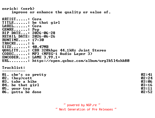 NFO for the release Cora-be_that_girl-EP-WEB-2026-ENRiCH by ENRiCH