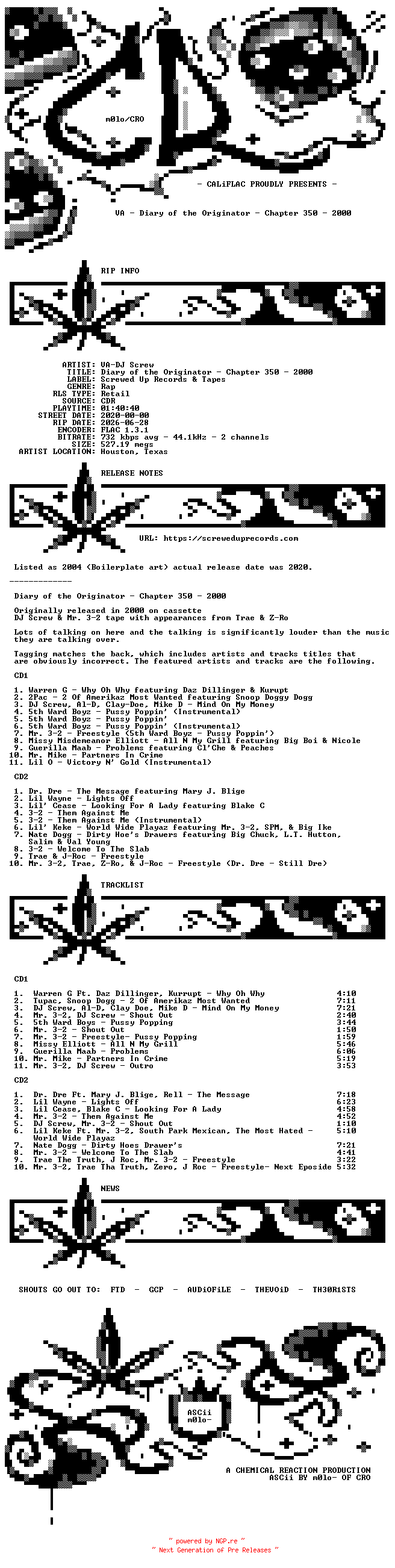 NFO for the release VA-DJ_Screw-Diary_Of_The_Originator_Chapter_350-2000-Reissue-2CDR-FLAC-2020-CALiFLAC by CALiFLAC