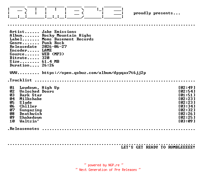 NFO for the release Jake_Emissions-Rocky_Mountain_Highs-(WEB)-2026-RUMBLE by RUMBLE
