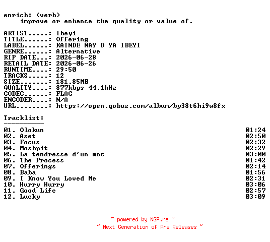 NFO for the release Ibeyi-Offering-16BIT-WEB-FLAC-2026-ENRiCH by ENRiCH