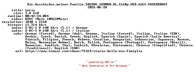 NFO for the release Die.Geschichte.meiner.Familie.S02E02.GERMAN.DL.2160p.WEB.h265-SAUERKRAUT by SAUERKRAUT