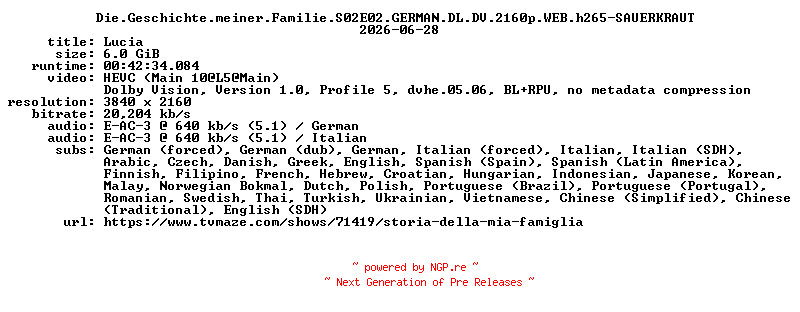 NFO for the release Die.Geschichte.meiner.Familie.S02E02.GERMAN.DL.DV.2160p.WEB.h265-SAUERKRAUT by SAUERKRAUT