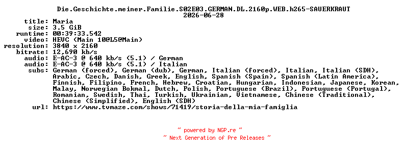 NFO for the release Die.Geschichte.meiner.Familie.S02E03.GERMAN.DL.2160p.WEB.h265-SAUERKRAUT by SAUERKRAUT