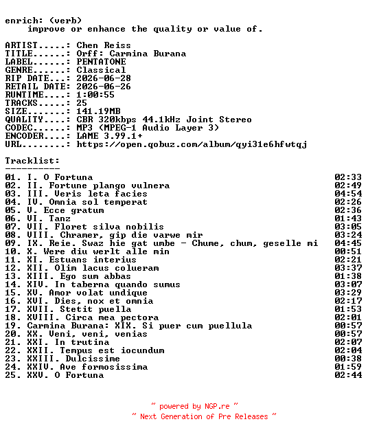 NFO for the release Chen_Reiss-Orff_Carmina_Burana-WEB-2026-ENRiCH by ENRiCH