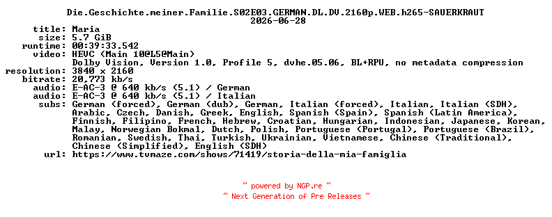 NFO for the release Die.Geschichte.meiner.Familie.S02E03.GERMAN.DL.DV.2160p.WEB.h265-SAUERKRAUT by SAUERKRAUT