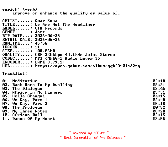 NFO for the release Omar_Sosa-We_Are_Not_The_Headliner-WEB-2026-ENRiCH by ENRiCH