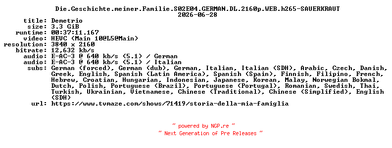 NFO for the release Die.Geschichte.meiner.Familie.S02E04.GERMAN.DL.2160p.WEB.h265-SAUERKRAUT by SAUERKRAUT