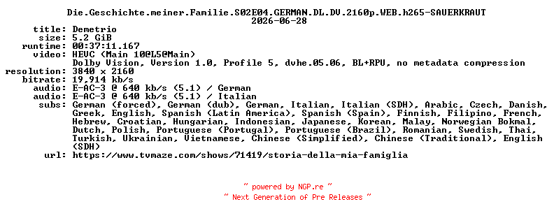 NFO for the release Die.Geschichte.meiner.Familie.S02E04.GERMAN.DL.DV.2160p.WEB.h265-SAUERKRAUT by SAUERKRAUT