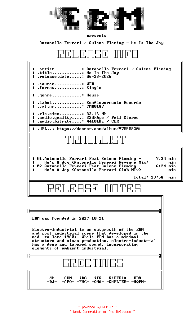 NFO for the release Antonello_Ferrari_-_Sulene_Fleming-He_Is_The_Joy-(SMR0187)-WEB-2026-EBM by EBM
