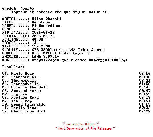 NFO for the release Miles_Okazaki-Boomtown-WEB-2026-ENRiCH by ENRiCH