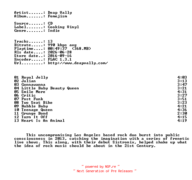 NFO for the release Deap_Vally-Femejism-CD-FLAC-2016-401 by 401