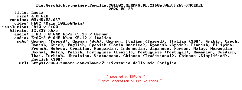 NFO for the release Die.Geschichte.meiner.Familie.S01E02.GERMAN.DL.2160p.WEB.h265-KNOEDEL by KNOEDEL
