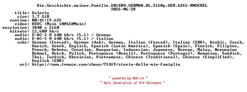 NFO for the release Die.Geschichte.meiner.Familie.S01E04.GERMAN.DL.2160p.WEB.h265-KNOEDEL by KNOEDEL