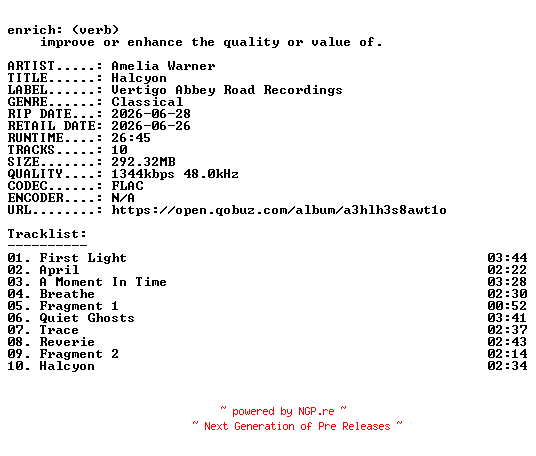 NFO for the release Amelia_Warner-Halcyon-24BIT-WEB-FLAC-2026-ENRiCH by ENRiCH