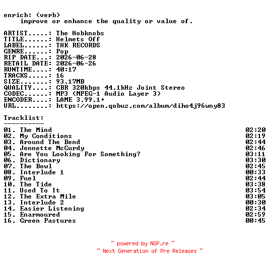 NFO for the release The_Hobknobs-Helmets_Off-WEB-2026-ENRiCH by ENRiCH
