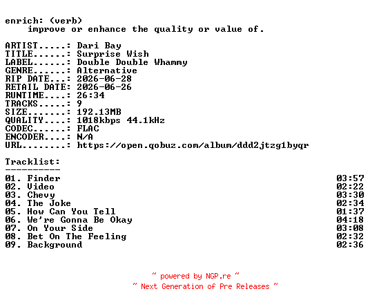 NFO for the release Dari_Bay-Surprise_Wish-16BIT-WEB-FLAC-2026-ENRiCH by ENRiCH